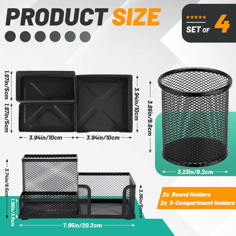 Four Pack Mesh Metal Pen Cup Desk Organizer Set with Two Three Compartment Pencil Holders and Two Round Holders side view.