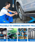 Mechanic using equipment in garage; applicable to farms, factories, and breweries. Three Quarter Inch Garage Air Line Kit 200 Foot HDPE Aluminum Piping System With Tee And Elbow Fittings For Rapid No Fuss Shop Air Setup For Your Compressor Leak Proof And Easy Install.
