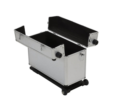 Aluminum Frame Case With Trolley 19 In X 10 In X 14 In Silver, open lid view, Portable Pilot Style Storage Case, ABS Surface, MDF Panels