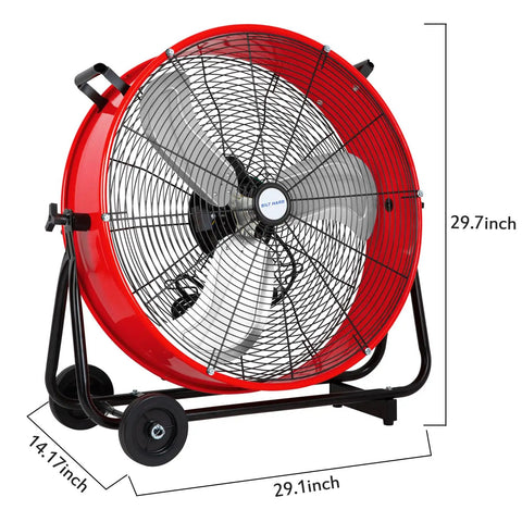 24 Inch Heavy Duty Industrial Drum Fan With 8100 CFM Beast Airflow And 3 Speed Control for warehouse, garage, and workshop.