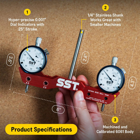 Hand holding Mini Mill and Lathe Tramming System for Quick Alignment and Calibration with 0.001 Inch Dial Indicators.