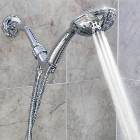 Powerful High Pressure Handheld Shower Kit With 6 Function Spray Removable Showerhead Hose And Mount Easy Install To Boost Weak Water Pressure 2.5 GPM Polished Chrome attached to tiled wall