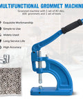 Table Mounted Eyelet And Grommet Machine Kit With Die Set And Hand Press Tool, punch and set eyelets, blue machine with dies