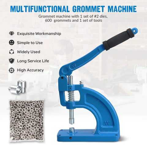 Table Mounted Eyelet And Grommet Machine Kit With Die Set And Hand Press Tool, punch and set eyelets, blue machine with dies