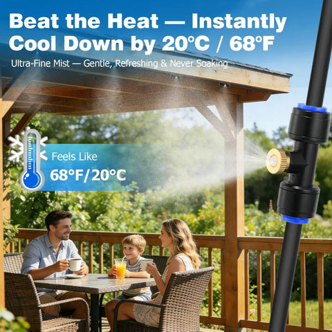 Beat The Heat Outdoor Misting System For Patio Cooling With Eight Brass Nozzles And Three Quarter Inch Adapter spraying mist on patio