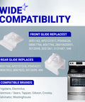 Wide compatibility chart showing front and rear slides for Heavy Duty Replacement Range Oven Drawer Glide Kit Includes Front and Rear Slides Fits Parts 3051162 and 3051163.