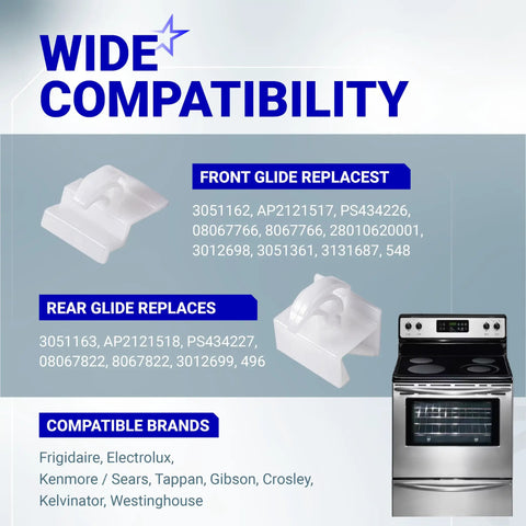 Wide compatibility chart showing front and rear slides for Heavy Duty Replacement Range Oven Drawer Glide Kit Includes Front and Rear Slides Fits Parts 3051162 and 3051163.