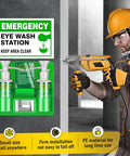 Worker installing Two Pack Portable Eye Wash Station 17 Ounce Each Wall Mount First Aid Eyewash Kit OSHA Approved BPA Free Includes Empty Bottles and Mirror Emergency Eyewash Not Included Cup Mouth Deflector for Mess Free Use on wall.