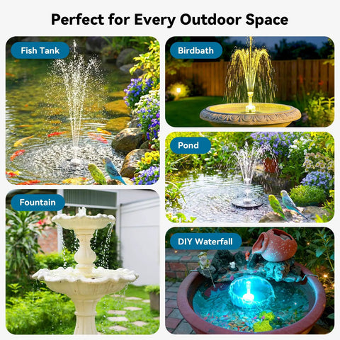 12W Solar Fountain Pump With Battery Backup And Remote RGB LED Lights Floating Solar Water Fountain With Eight Nozzles And PVC Tubing For Bird Bath Garden Backyard And Outdoor Water Feature in various outdoor settings