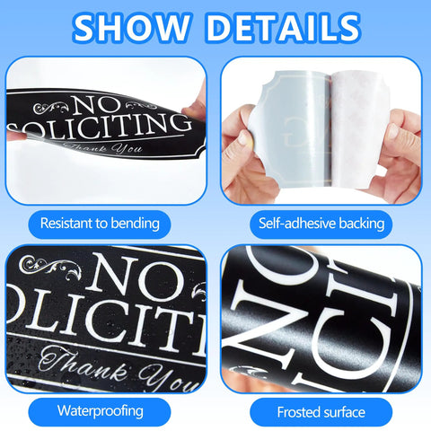 No Soliciting Sign For Front Door Self Adhesive Vinyl Modern Sign For Home House Business Apartments And Office Doors Black Gold Durable Easy Peel And Stick For Indoor Use showing flexibility and backing.
