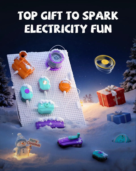 Hands On Electric Circuit Kit With Over 450 DIY Projects And 45 Parts For Kids Ages 4 To 12 in a snowy holiday scene