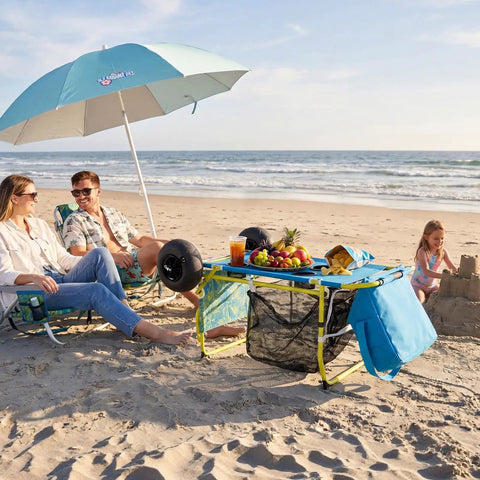 2 In 1 Beach Cart And Table With Big Balloon Wheels for sand, holding drinks and gear, used by family on beach day