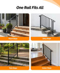 Straight Up Tough Wrought Iron Stair Handrail With Secure Balusters For Outdoor Deck And Concrete Steps Fits 3 To 4 Stairs Rust Proof Powder Coated Black Safety Railing on porch, entry, park, and indoor steps.