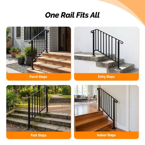 Straight Up Tough Wrought Iron Stair Handrail With Secure Balusters For Outdoor Deck And Concrete Steps Fits 3 To 4 Stairs Rust Proof Powder Coated Black Safety Railing on porch, entry, park, and indoor steps.