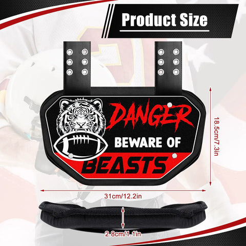 Football Back Plate Lower Back Pads For Players with Tiger Pattern and Text, size 31cm x 18.5cm x 2.8cm, warning design on display