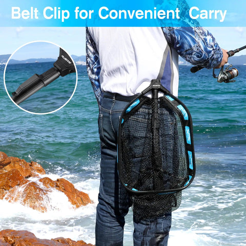 Floating Landing Net For Kayak Fishing With Rubber Coated Hoop And Foldable Telescopic Handle attached to belt for easy carry