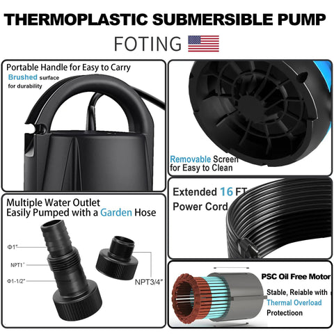 Heavy Duty Submersible Sump Pump Workhorse 3/4 HP Portable Utility Water Pump Up To 3500 GPH For Pools Ponds Basements