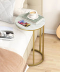 Marble Top C Shaped End Table With Gold Metal Frame next to bed, holding books and coffee, compact sofa side table, snack corner table.