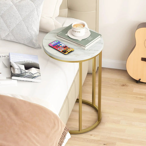 Marble Top C Shaped End Table With Gold Metal Frame next to bed, holding books and coffee, compact sofa side table, snack corner table.