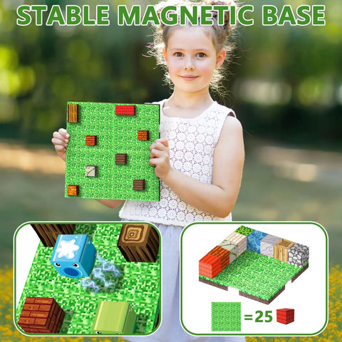 Girl holding Magnetic Baseplate Set For Kids 4x4 Magnetic Building Blocks Grassland Theme STEM Toys with illustrated uses.