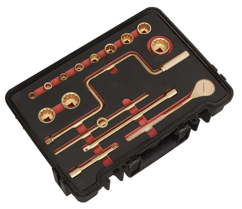 Rigged Out 17 Piece Half Inch Square Drive Socket Set Crafted From DropForged Beryllium Copper For Badass Zero Spark Action And Ultimate Job Site Flex With Ratchet Extensions And Hard Case in black case.