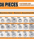108 Piece Stainless Steel Flat Washer Set For Bolts, 18 Sizes M3 To M12, Pro Grade Industrial Assortment, Rustproof 304 Washers