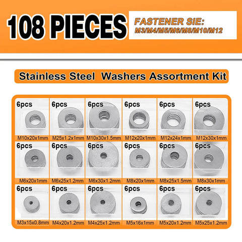 108 Piece Stainless Steel Flat Washer Set For Bolts, 18 Sizes M3 To M12, Pro Grade Industrial Assortment, Rustproof 304 Washers