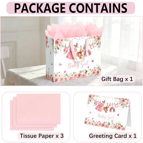 13 Inch Pink Floral Baby Gift Bag With Sturdy Handles Includes Matching Card And Three Sheets Of Tissue Paper