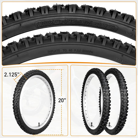 Folding 20x2.125 Mountain Bike Tires Pack With Levers and Schrader Valve Puncture Resistant Replacement Tires For BMX MTB Off Road Riding 57 406 Size Two Pack shown inflated and detailed with tread pattern