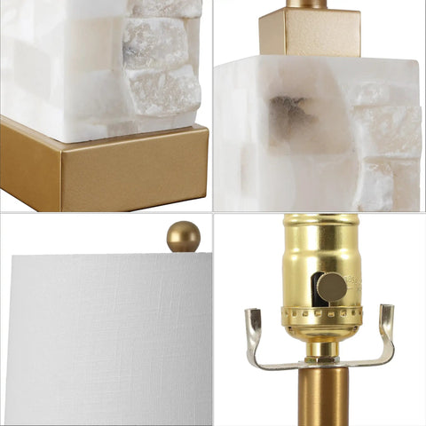 Close-up details of Coastal 23 Inch Gold And White Alabaster Rectangular Table Lamp with Night Light and Linen Shade