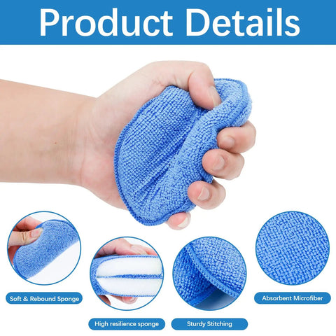 Hand holding blue applicator from 18 Pack 5 Inch Car Wax Applicator Pads Set Foam Microfiber Buffing Pads For Car Detailing Polishing Tire Shine