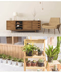 Modern living room with wooden furniture and potted plants in a garden setting, showcasing interior and exterior decor.