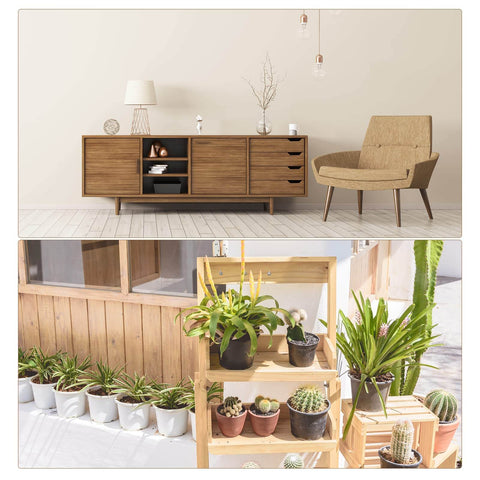 Modern living room with wooden furniture and potted plants in a garden setting, showcasing interior and exterior decor.