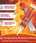 High Temp Silicone Sealant Adhesive For Ovens Fireplaces And Microwaves, Heat Resistant, Waterproof Quick Drying Silicone Glue For Insulation Transparent, 2 Pack 3.53 OZ with fire background and product features