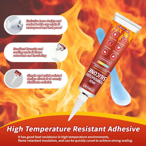 High Temp Silicone Sealant Adhesive For Ovens Fireplaces And Microwaves, Heat Resistant, Waterproof Quick Drying Silicone Glue For Insulation Transparent, 2 Pack 3.53 OZ with fire background and product features