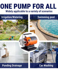 Badass Heavy Duty Water Transfer Pump Handles 360 Gallons Per Hour With 46 Foot Max Head Lift for irrigation, pool, drainage, and car wash.