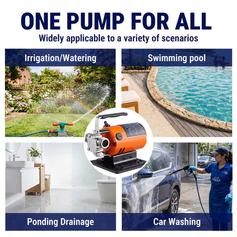 Badass Heavy Duty Water Transfer Pump Handles 360 Gallons Per Hour With 46 Foot Max Head Lift for irrigation, pool, drainage, and car wash.