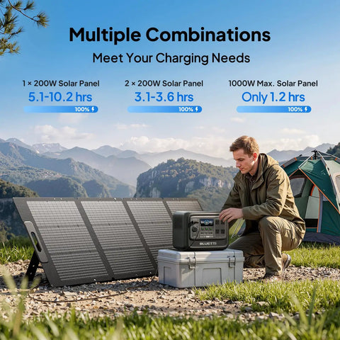Man using Elite 100 V2 Solar Generator Kit with 200W panel, portable 1024Wh power station, camping setup in mountains.