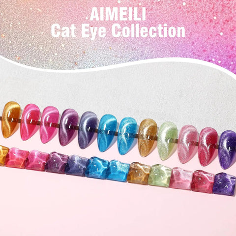 Cat Eye Gel Nail Polish Set With Magnetic Kit, 12 Colors 5ml Bottles, showcasing glitter nail tips and magnetic patterns.