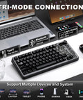 Compact 75 Percent Mechanical Keyboard Featuring Customizable LCD Screen And Rock Solid Volume Knob equipped for tri-mode connection with PC and mobile devices.