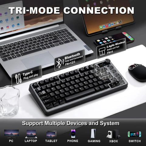 Compact 75 Percent Mechanical Keyboard Featuring Customizable LCD Screen And Rock Solid Volume Knob equipped for tri-mode connection with PC and mobile devices.