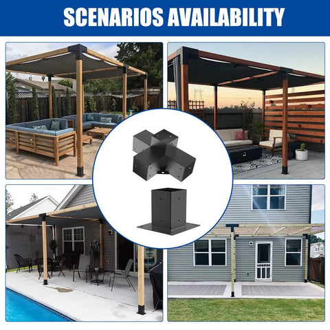 Heavy Duty Pergola Brackets For 4x4 Lumber, Black Powder Coated Steel 4 Way Kit shown installed in various outdoor settings