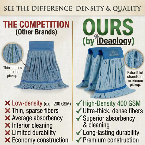 Comparison of microfiber mop head quality showing Grab These Top Shelf Microfiber Mop Refills For A Badass Clean Every Time Heavy Duty 400Gsm Thick Commercial Tube Head Replacement Set Super Absorbent Bulk Cleaning Supplies.