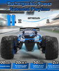 All Terrain 1:18 RC Car With LED Lights 2WD Remote Control Truck Tops Out At 20 KMH Rechargeable Batteries shown with specs