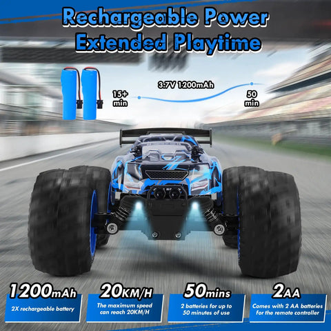 All Terrain 1:18 RC Car With LED Lights 2WD Remote Control Truck Tops Out At 20 KMH Rechargeable Batteries shown with specs