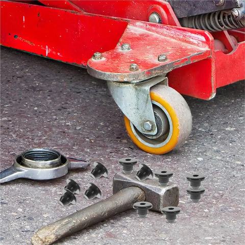 105-Piece Black Rubber Jack Oil Plug Set for Floor Bottle Jacks near a red jack wheel and hammer