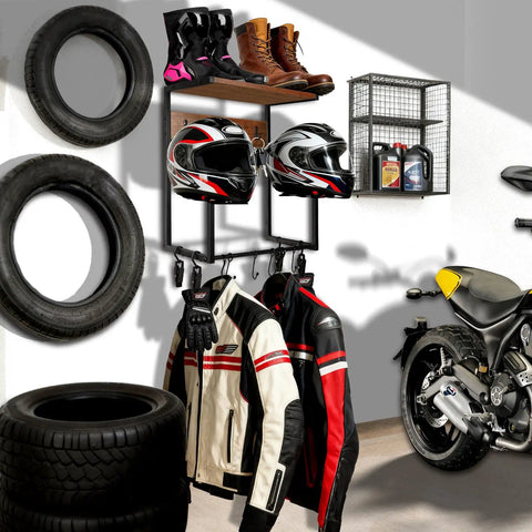 Heavy Duty Wooden Wall Mount Rack Features Dual Safety Hooks To Securely Hang Two Helmets Or Hats While Keeping Your Garage Neat And Serving As A Slick Wall Organizer, showcasing helmets, jackets, and boots in a garage setting.