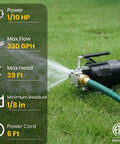 Workhorse 0.1 HP 115V Water Transfer Pump with 6-Foot Hose Kit on grass, showcasing max flow rate and power