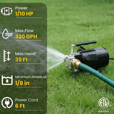 Workhorse 0.1 HP 115V Water Transfer Pump with 6-Foot Hose Kit on grass, showcasing max flow rate and power