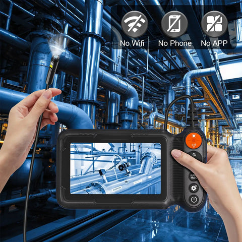 Endoscope Camera With Light Dual Lens 1080p HD Borescope inspecting industrial pipes, 5-inch screen view